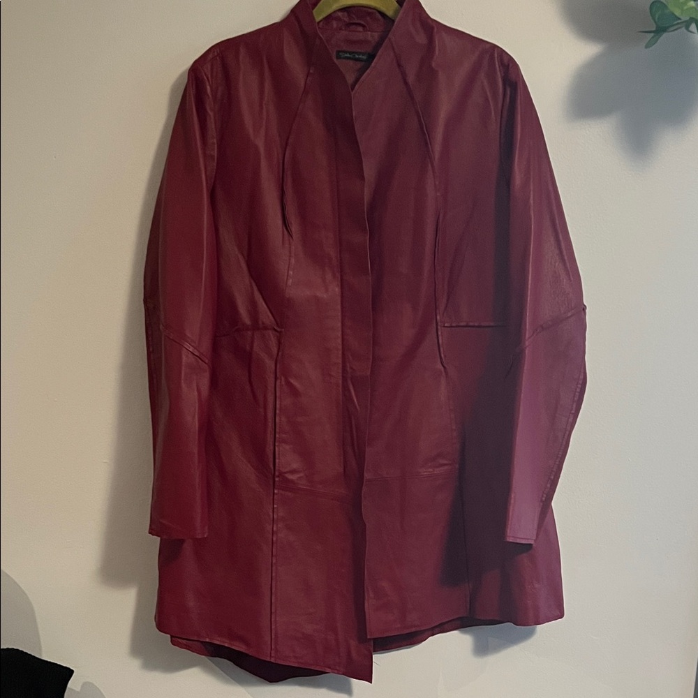 Boho Deep Red Asymmetrical Leather Jacket with comfort sleeves, size Large